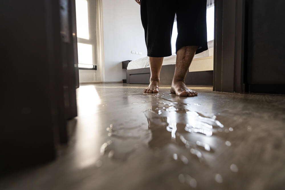 Middle aged woman walking onto the water spill in the floor.